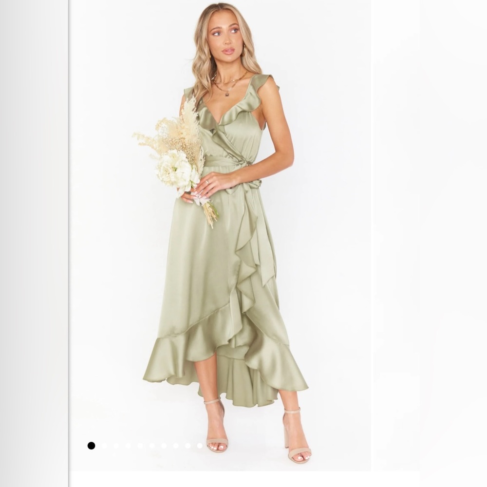 SMALL Samantha Ruffle Wrap Dress - Moss Green Luxe Satin - Show Me Your MuMu